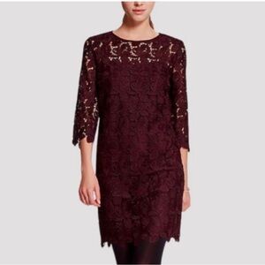 Nwt Loft Lace Shift Dress Burgundy Size 8 3/4 Sleeves Lined Appliqué Stye $118